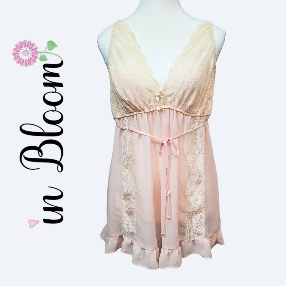 In Bloom By Jonquil Lace Chemise Slip Lingerie Babydoll  Cream/Soft Pink Size L